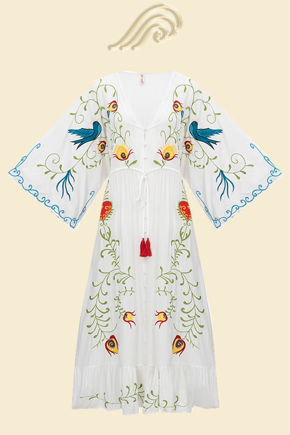 Lola İşlemeli V Yaka Bağcıklı Elbise