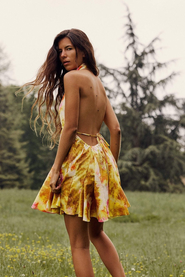 Mabel Baskılı Boyundan Bağlamalı Flare Mini Elbise