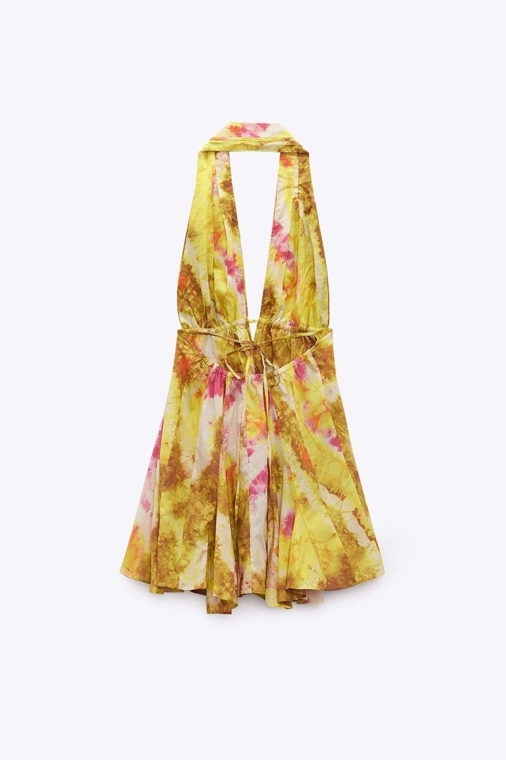 Mabel Baskılı Boyundan Bağlamalı Flare Mini Elbise