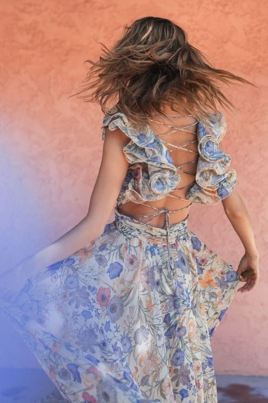 Marissa Kesikli Fırfırlı Uzun Elbise