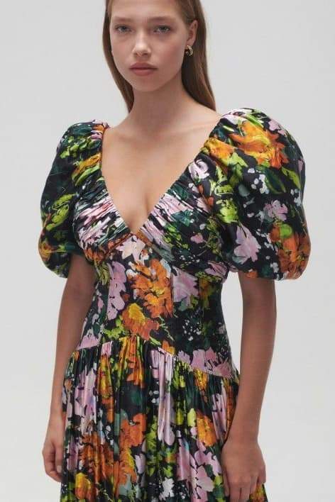 Megan Baskılı V Yaka Puf Kol Midi Elbise