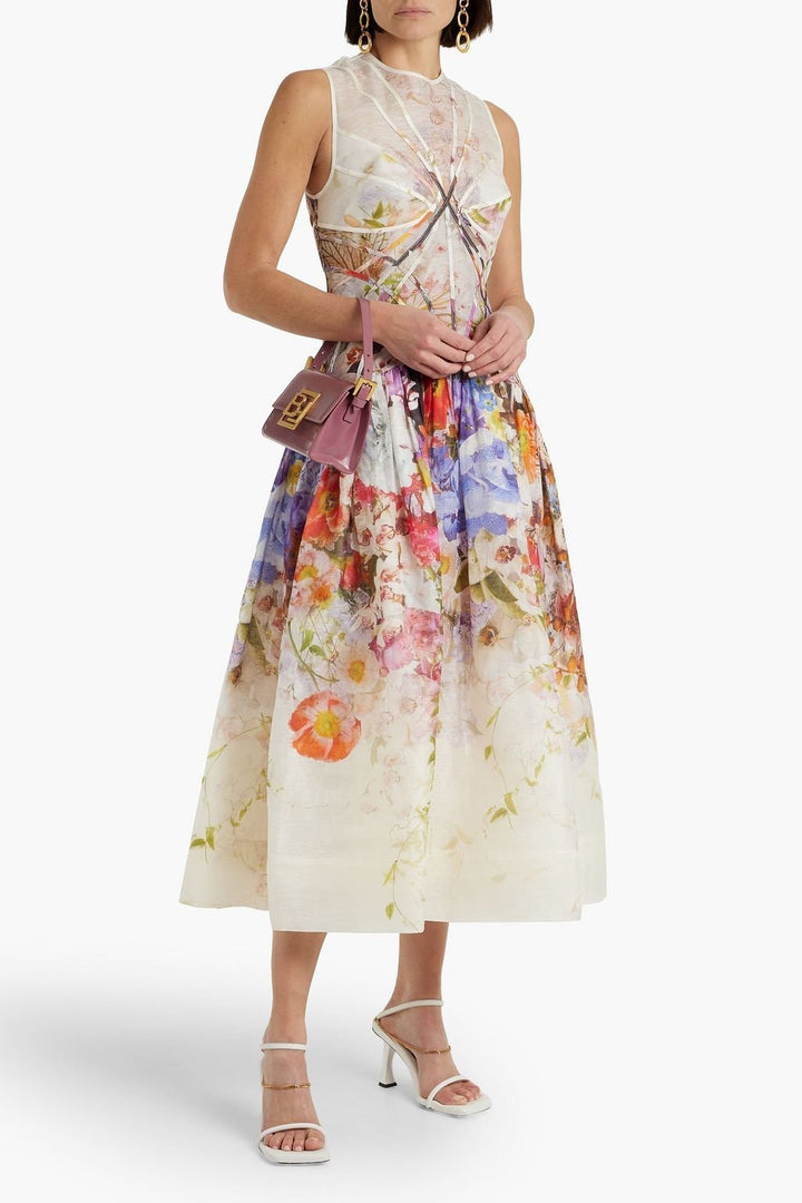 Mignon Baskılı Biyeli A Kesim Midi Elbise