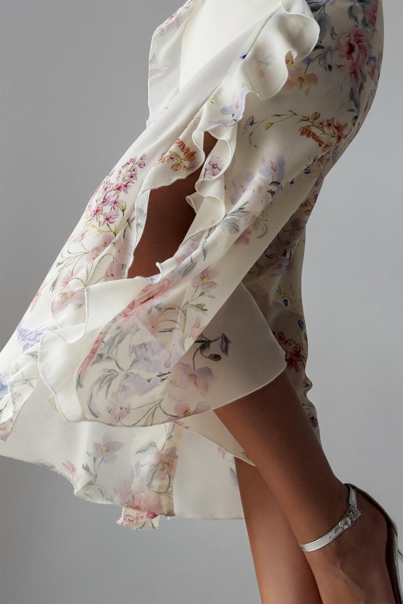 Naomi Çiçekli Fırfırlı Cami Yırtmaçlı Midi Elbise