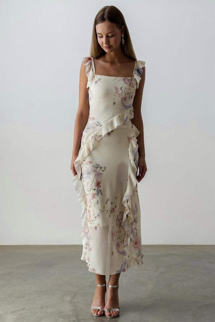 Naomi Çiçekli Fırfırlı Cami Yırtmaçlı Midi Elbise