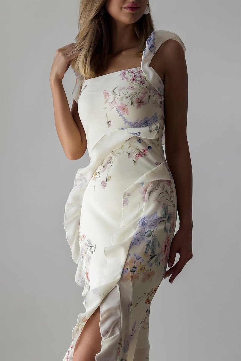 Naomi Çiçekli Fırfırlı Cami Yırtmaçlı Midi Elbise