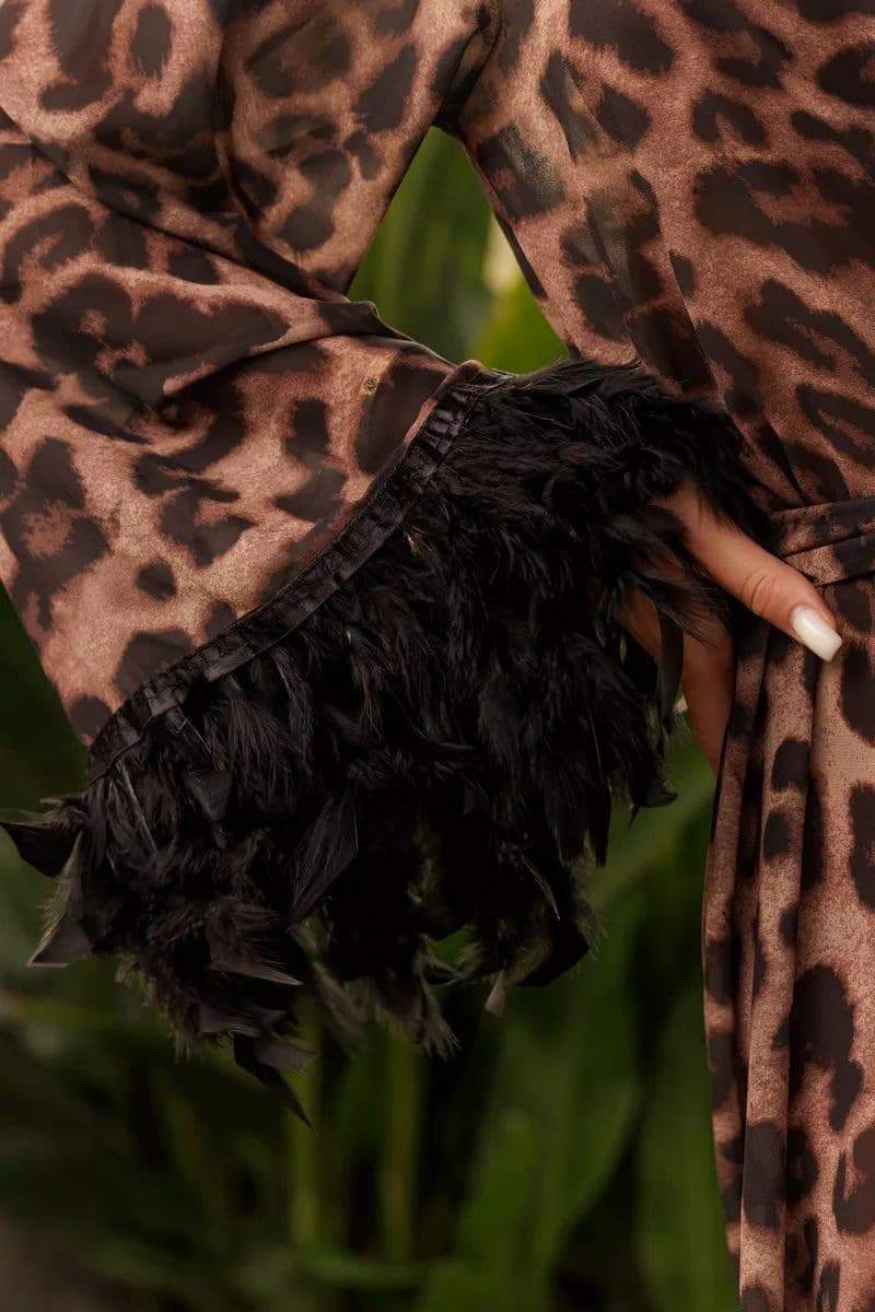 Natalie Leopar Desenli Tüylü Maxi Bornoz