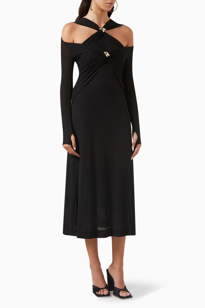 Nita Dekolteli Çapraz Korsajlı Midi Triko Elbise