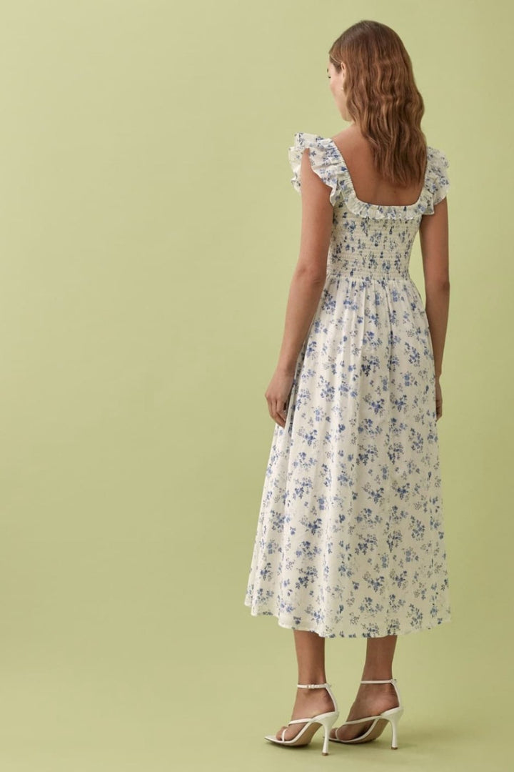 Nita Baskılı Büzgülü Korsajlı Fırfır Askılı Midi Elbise