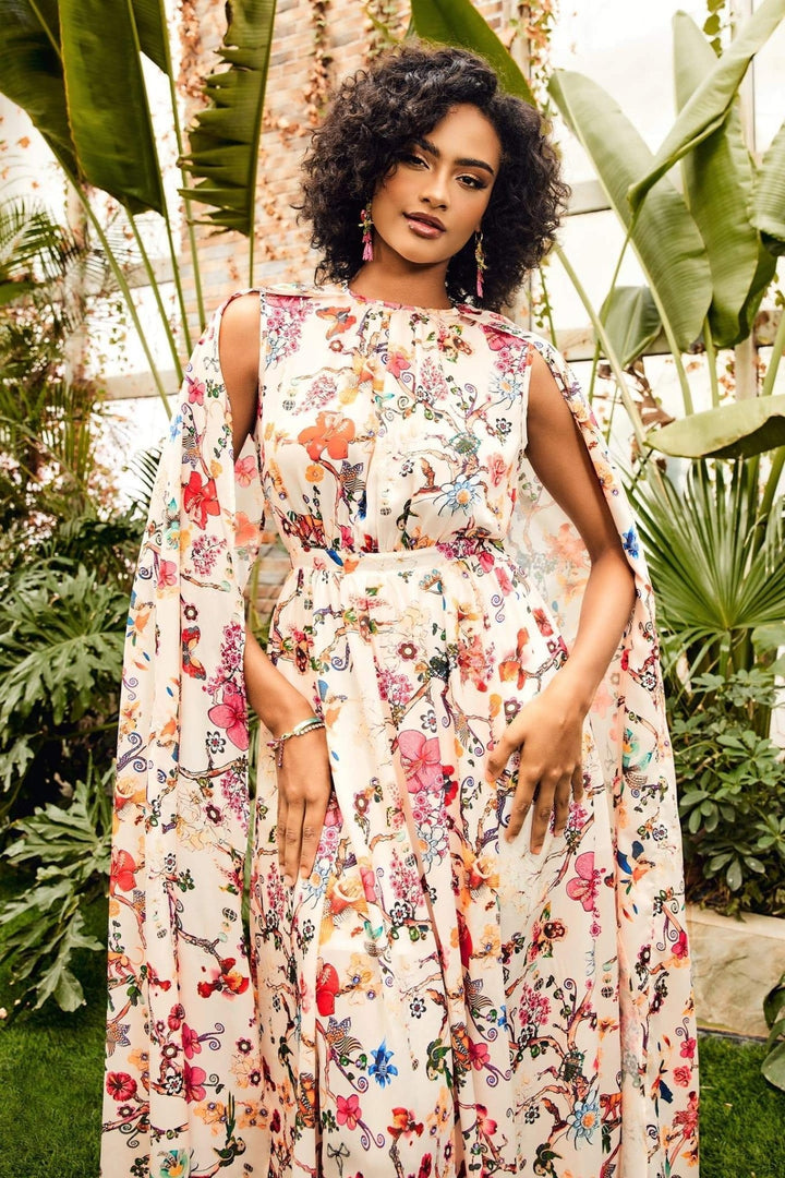 Nola Yuvarlak Yaka Pelerin Kollu Maxi Elbise