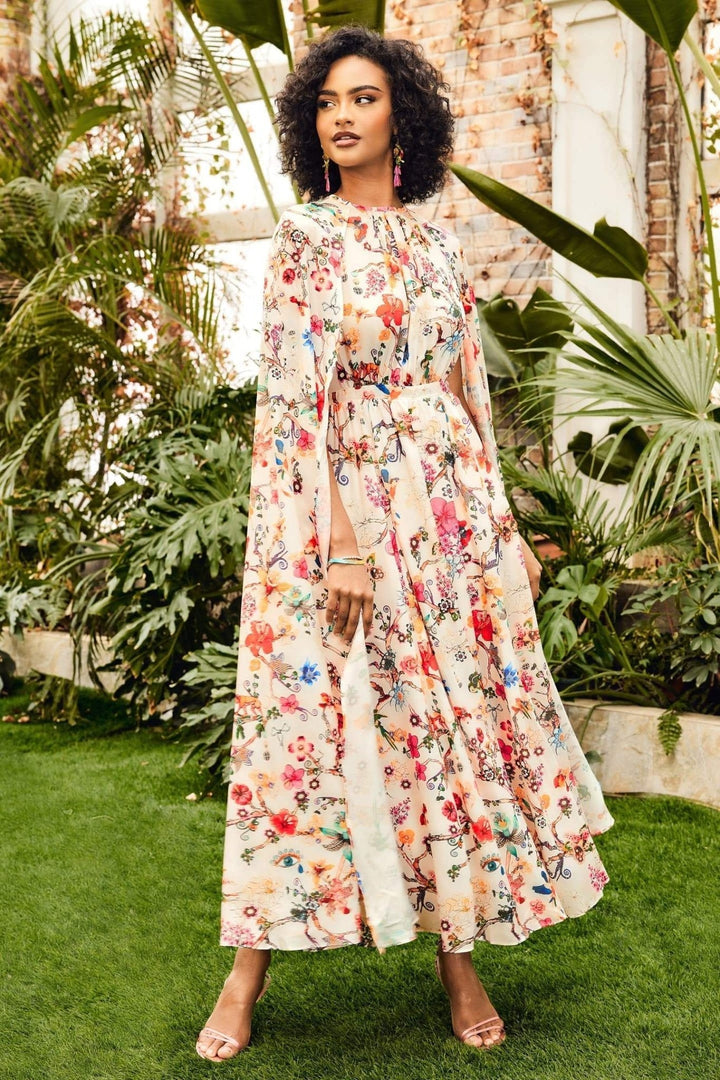 Nola Yuvarlak Yaka Pelerin Kollu Maxi Elbise