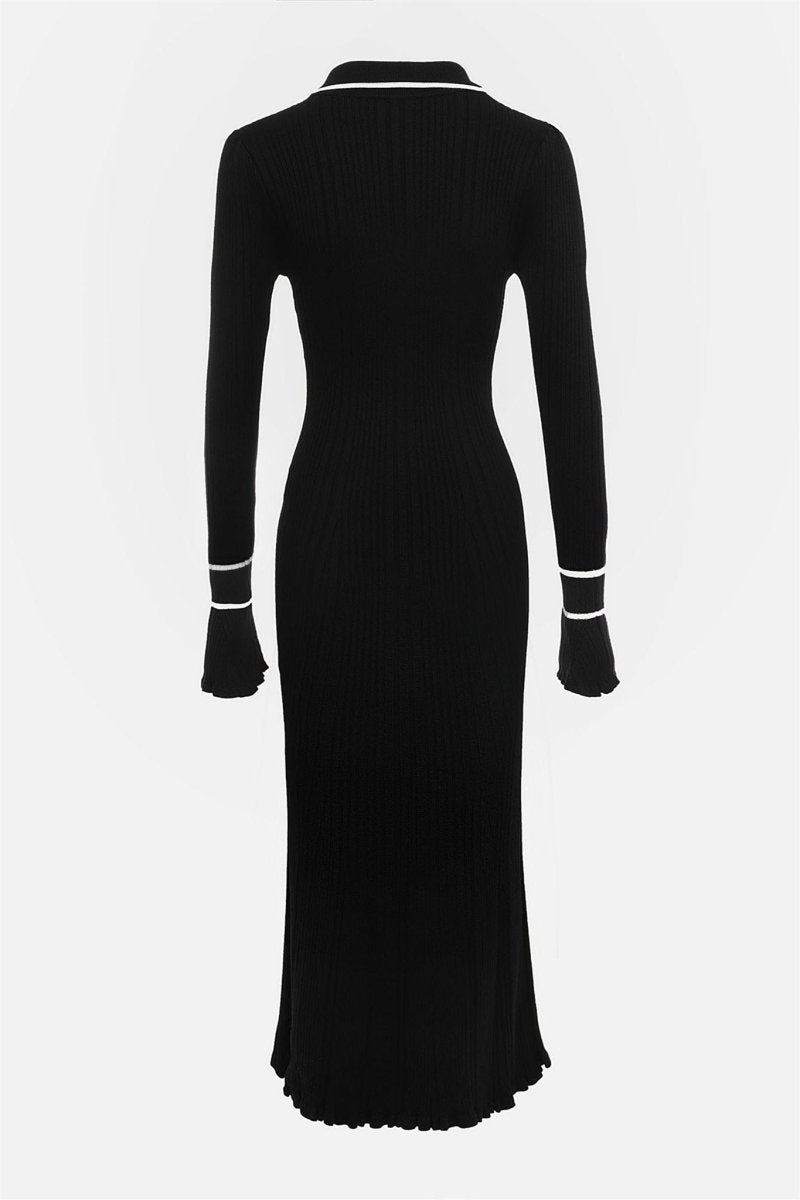 Novia Kontrast Fırfırlı Triko Uzun Elbise