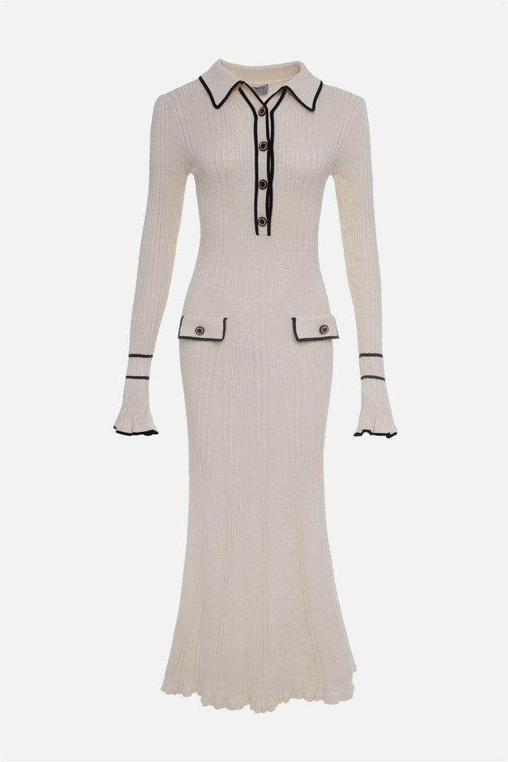 Novia Kontrast Fırfırlı Triko Uzun Elbise