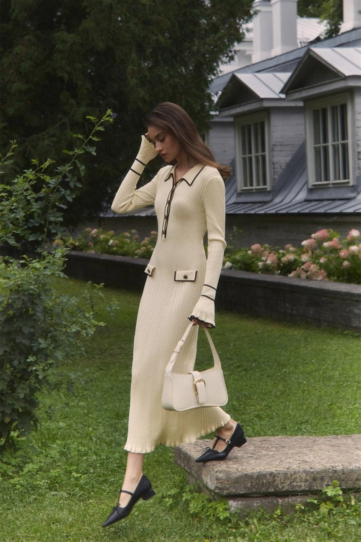 Novia Kontrast Fırfırlı Triko Uzun Elbise