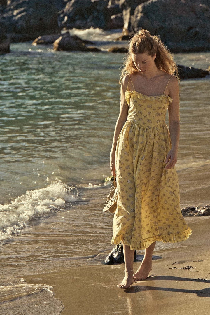 Novia Baskılı Fırfırlı Slip Midi Elbise