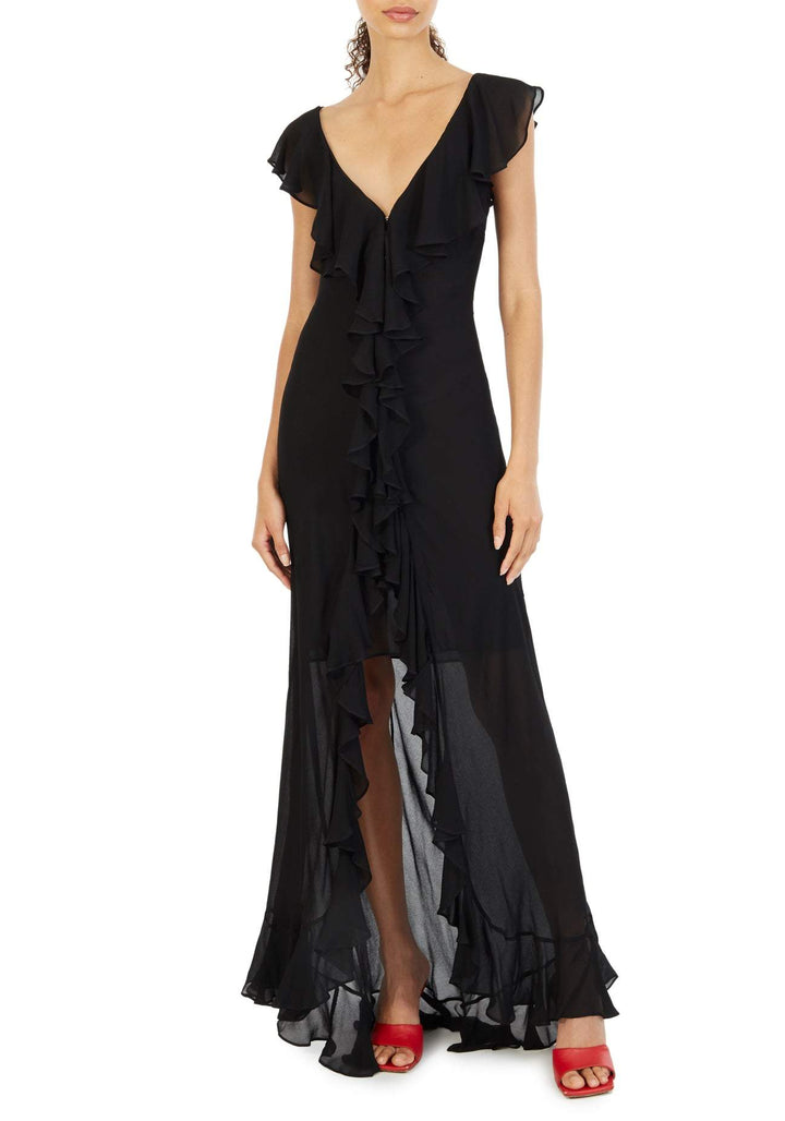 Novia V Yaka Fırfır Yırtmaçlı Şifon Elbise