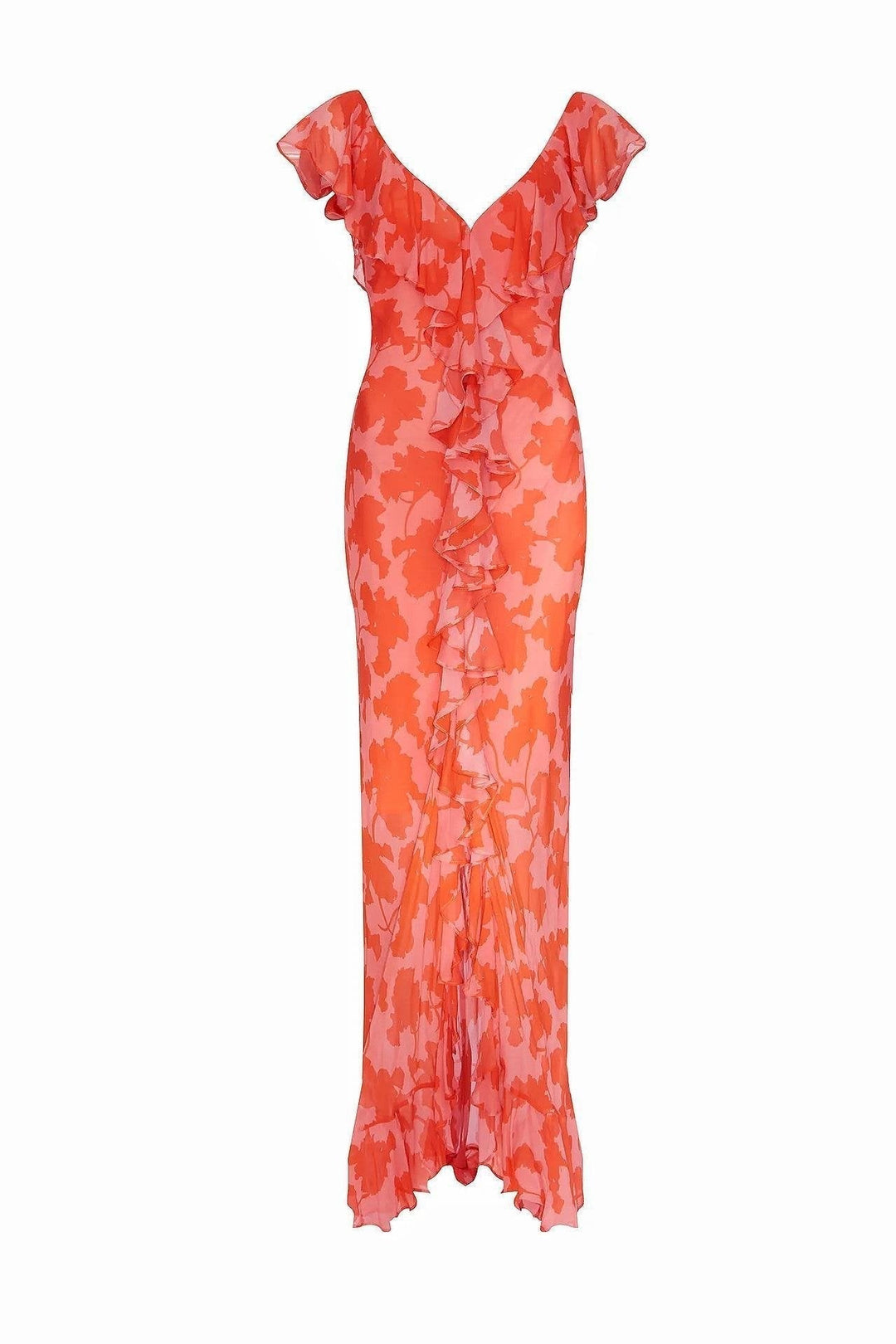 Novia V Yaka Fırfır Yırtmaçlı Şifon Elbise