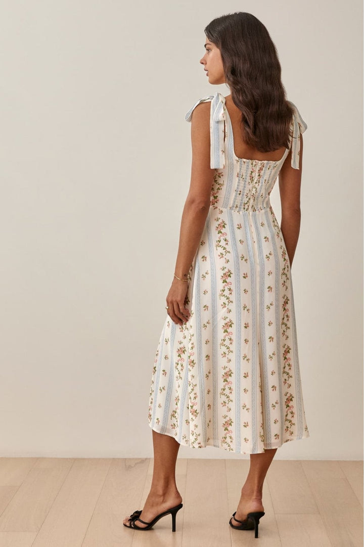 Odel Baskılı Papyon Askılı Yırtmaçlı Midi Elbise