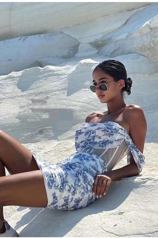 Odelette Baskılı Omuzu Açık Korse Mini Elbise