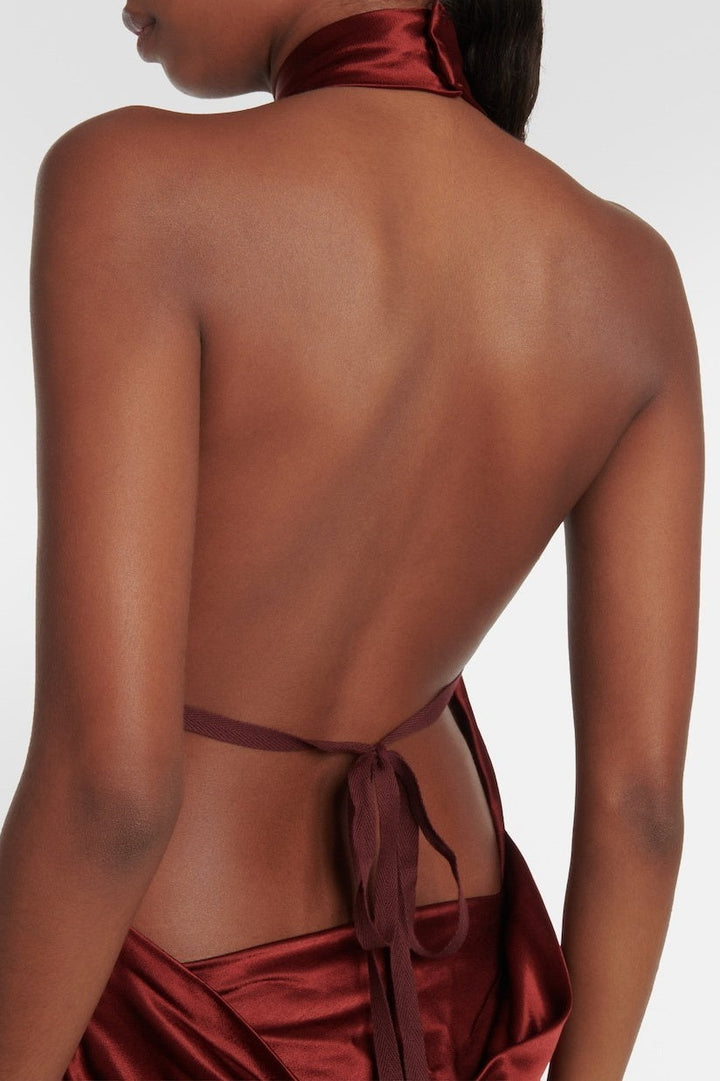 Agnes Boyundan Bağlamalı Sırtı Açık Uzun Saten Elbise