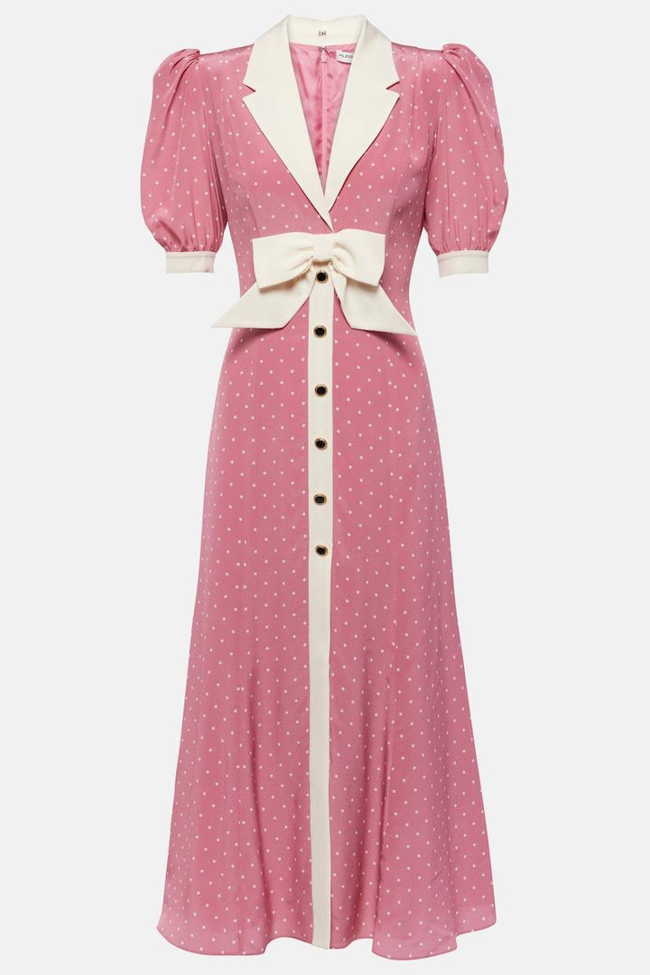 Rita Çiçek Fiyonklu Puf Kol V Yaka Midi Elbise