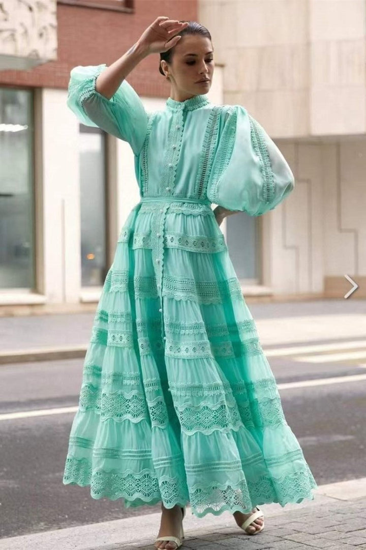 Paula İşlemeli Dantel Puf Kol Maxi Elbise