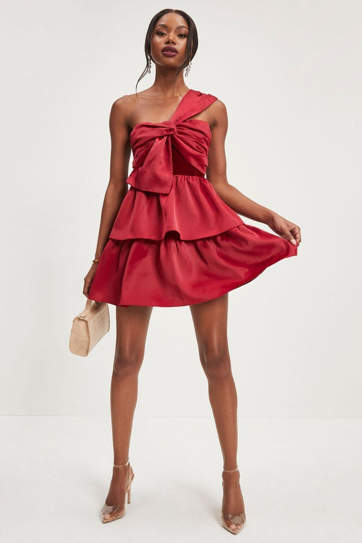 Paula Tek Omuz Papyonlu Katlı Mini Elbise