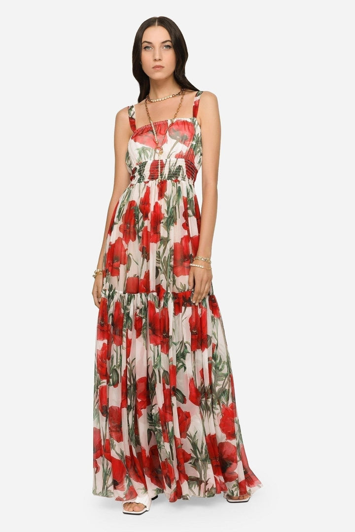 Pauline Baskılı Büzgülü Askılı Maxi Elbise