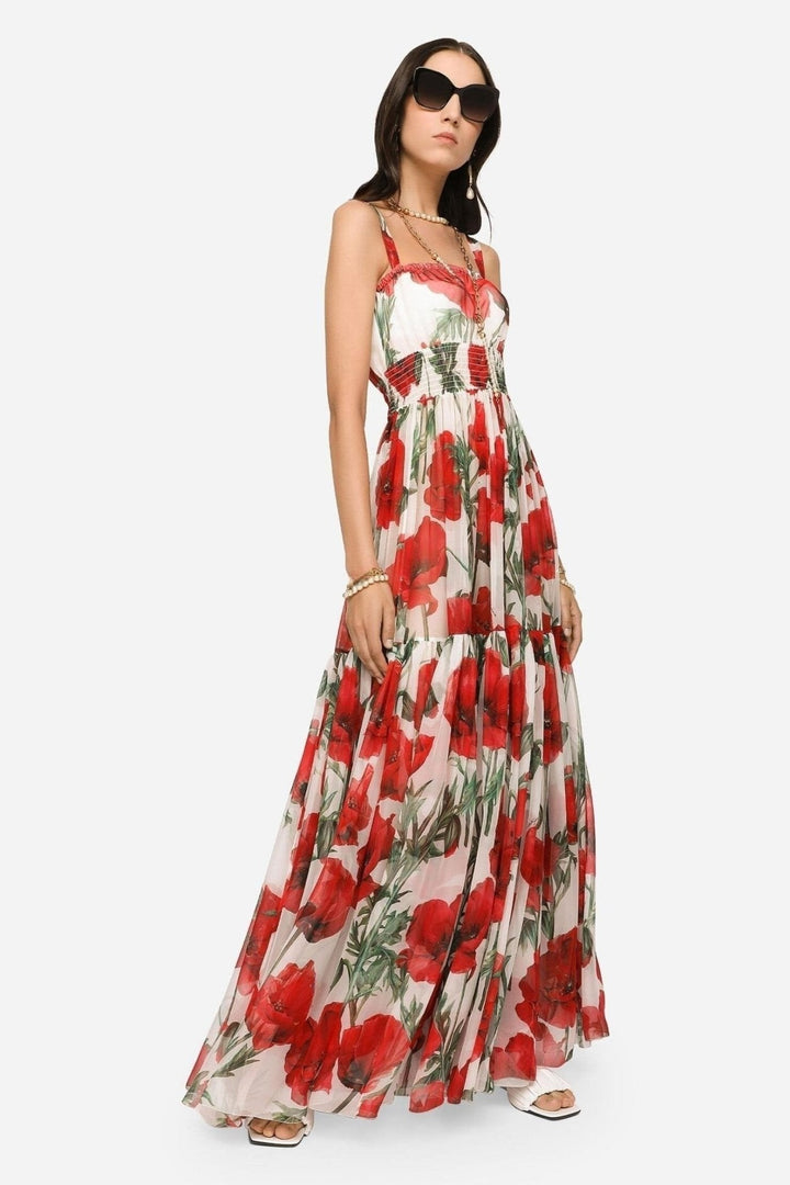Pauline Baskılı Büzgülü Askılı Maxi Elbise