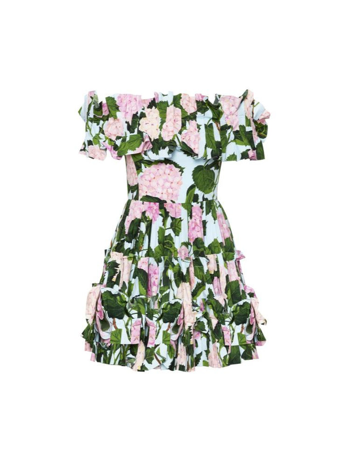 Bess Baskılı Fırfırlı Korsajlı Omuzu Açık Katlı Mini Elbise