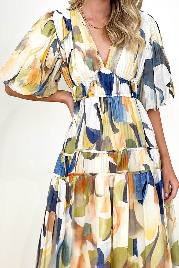 Erin Baskılı V Yaka Kesimli Flare Midi Elbise