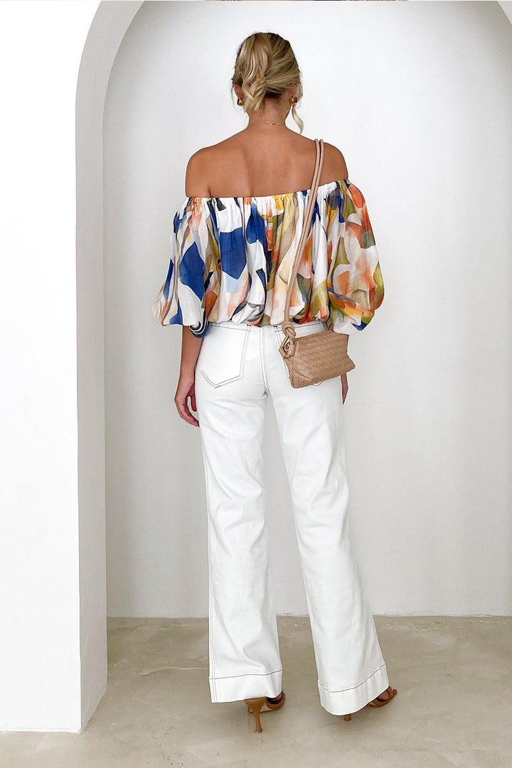 Erin Baskılı Düşük Omuzlu Büzgülü Üst