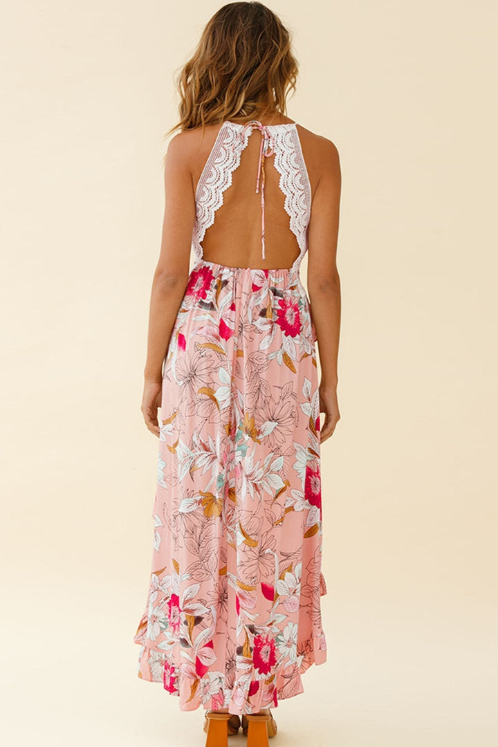 Levy Baskılı Boyundan Bağlamalı Dantel Detaylı Midi Elbise