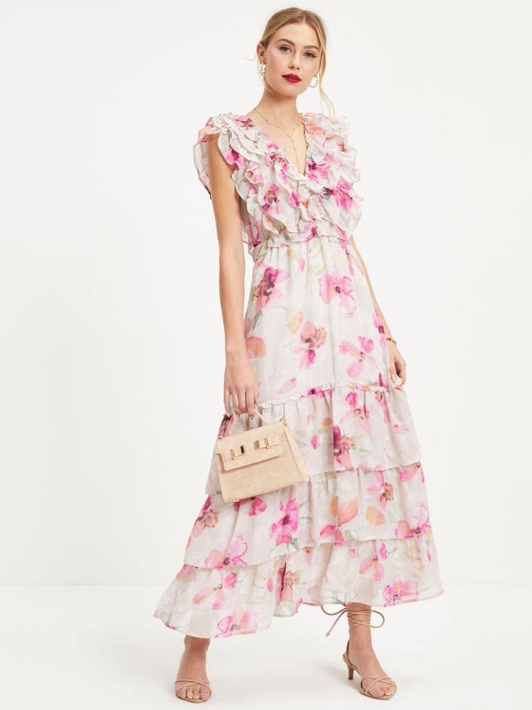 Doreen Baskılı Fırfırlı V Yaka Katlı Maxi Elbise