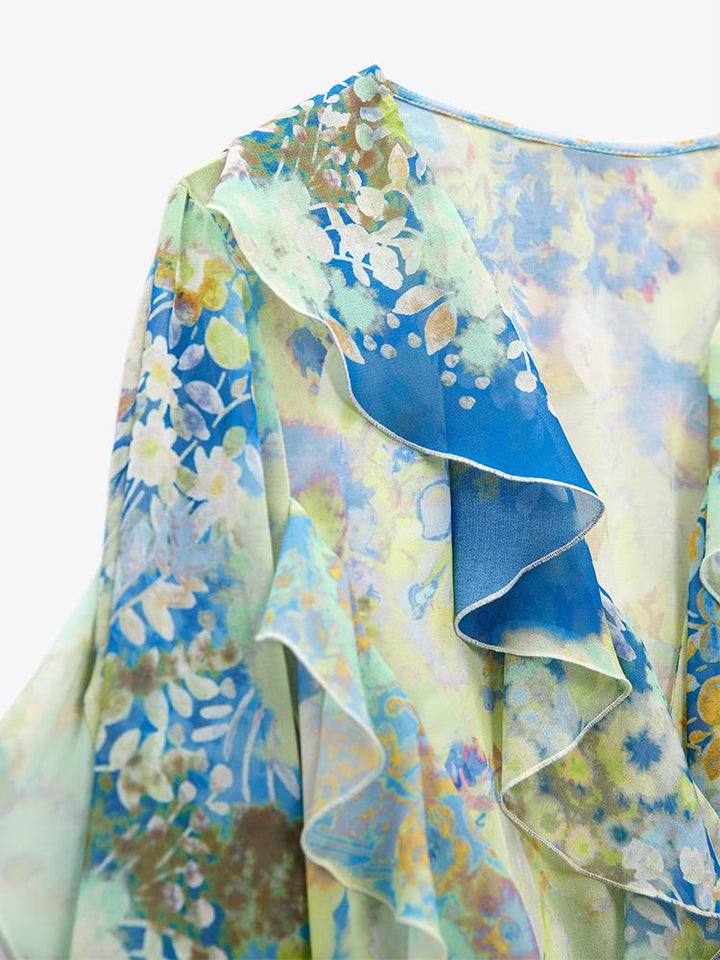 Cleo Baskılı V Yaka Fırfırlı Şifon Maxi Elbise