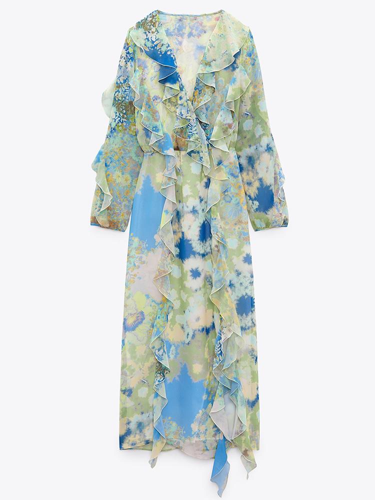 Cleo Baskılı V Yaka Fırfırlı Şifon Maxi Elbise