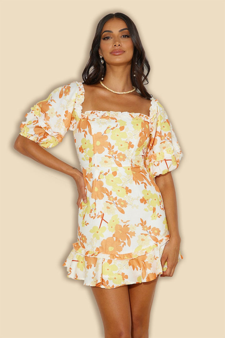 Idella Baskılı Bağcıklı Sırtı Açık Fırfırlı Mini Elbise