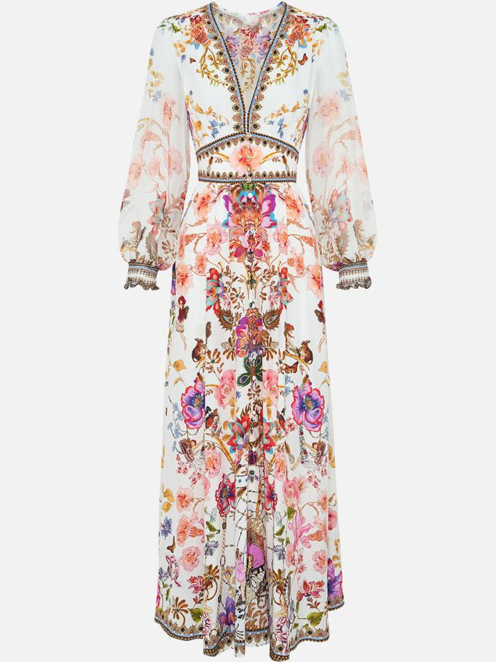 Belen Baskılı V Yaka Balon Kol Maxi Elbise