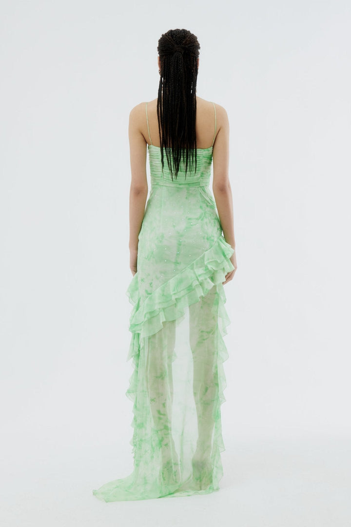 Afra Baskılı Fırfırlı Asimetri Mini Şifon Slip Elbise