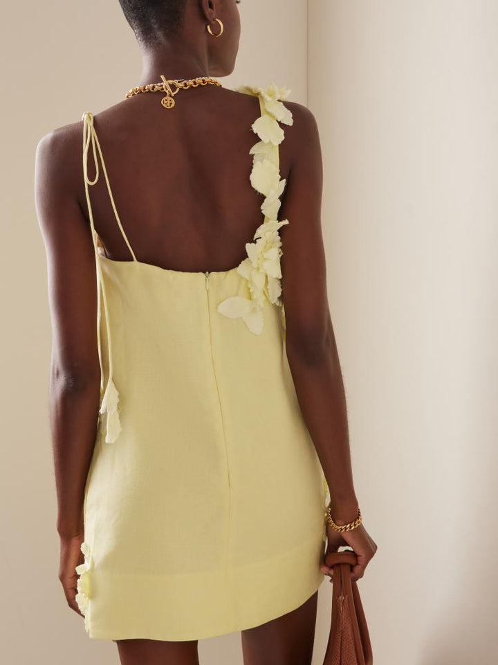 Evelyn Çiçek İşlemeli Mini Keten Sütun Elbise