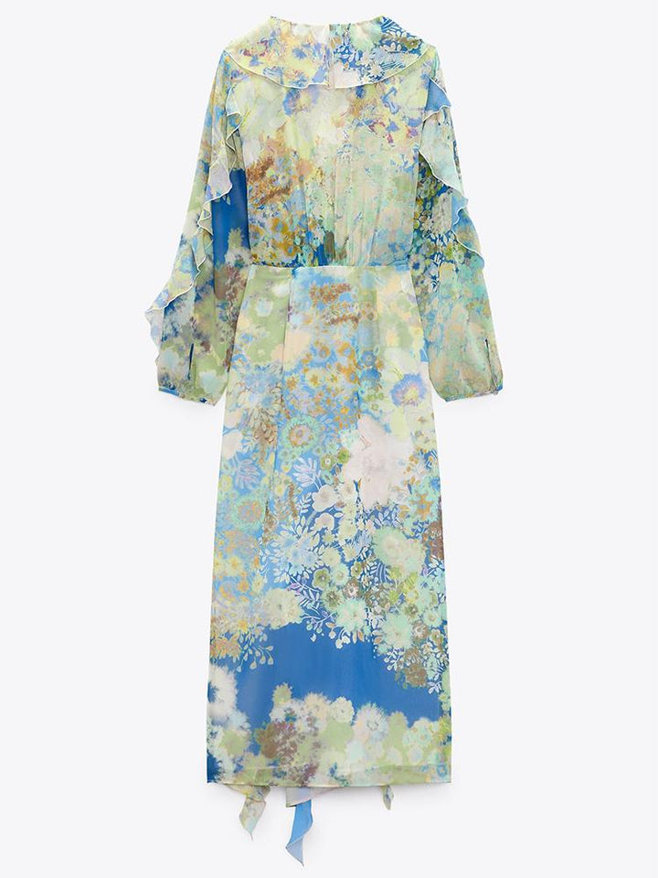 Cleo Baskılı V Yaka Fırfırlı Şifon Maxi Elbise