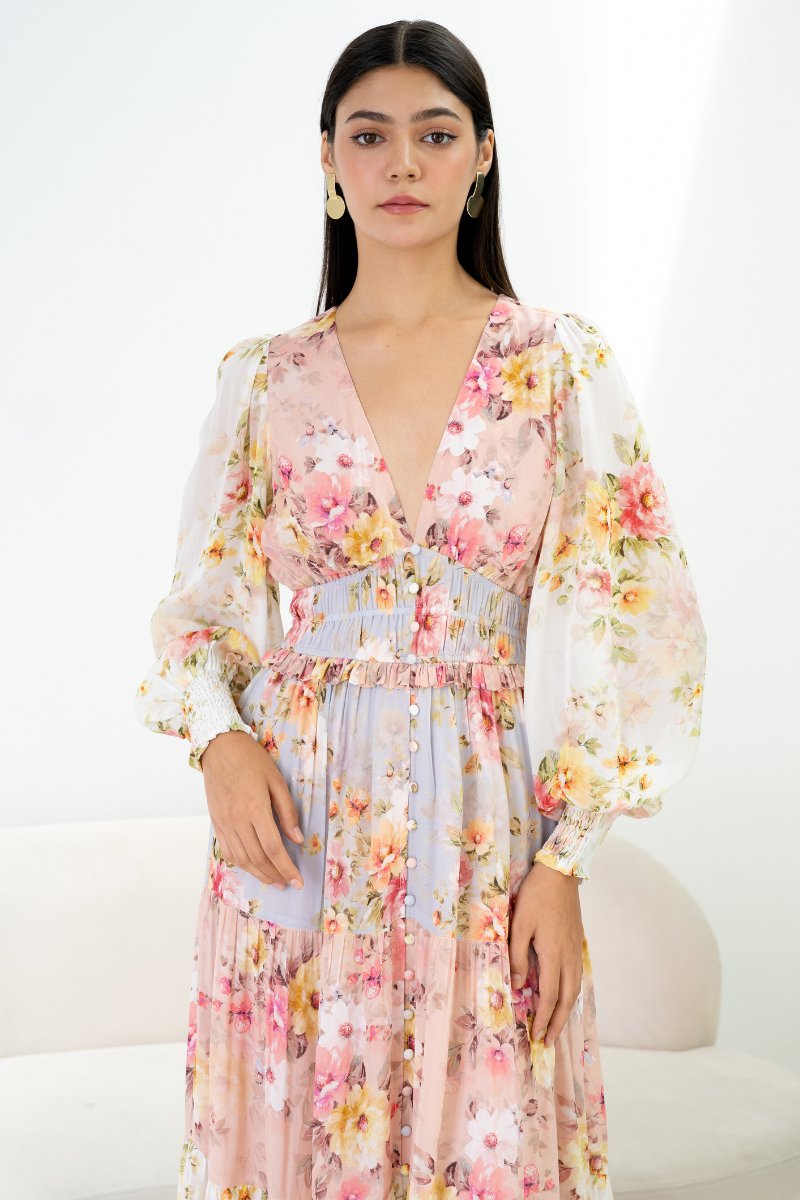 Elvira Baskılı Büzgülü V Yaka Katlı Uzun Elbise