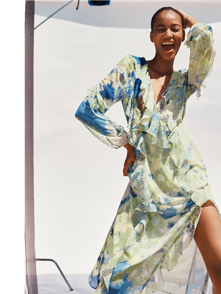 Cleo Baskılı V Yaka Fırfırlı Şifon Maxi Elbise