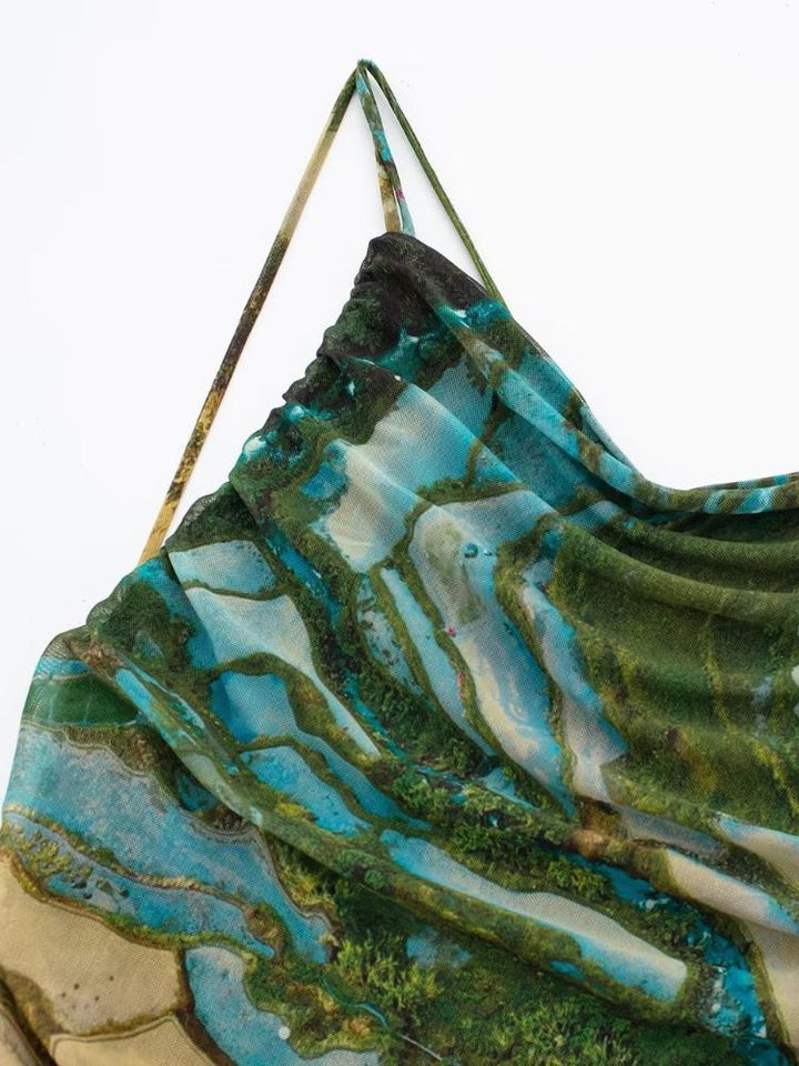 Eartha Baskılı Sırtı Açık Midi Slip Elbise