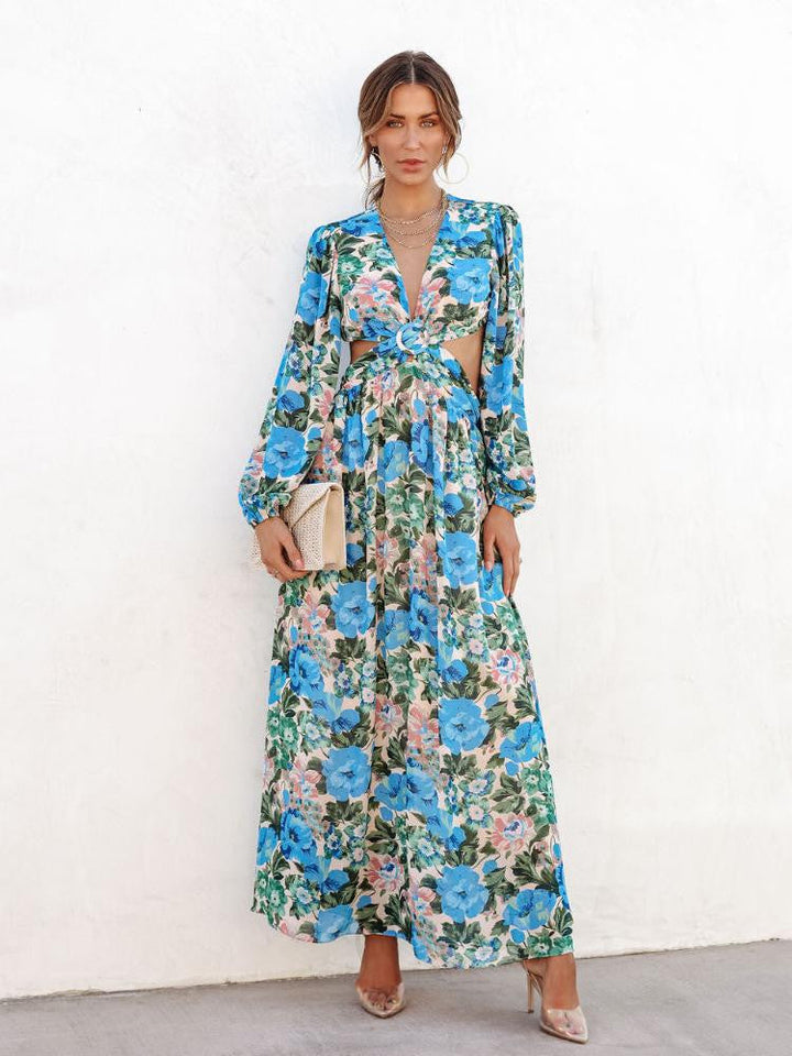 Andrey Baskılı V Yaka Cut Out Maxi Elbise