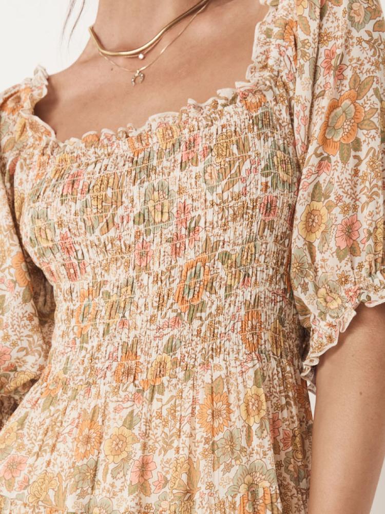 Libby Baskılı Büzgülü Korsajlı Geniş Midi Elbise