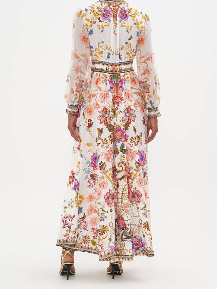 Belen Baskılı V Yaka Balon Kol Maxi Elbise