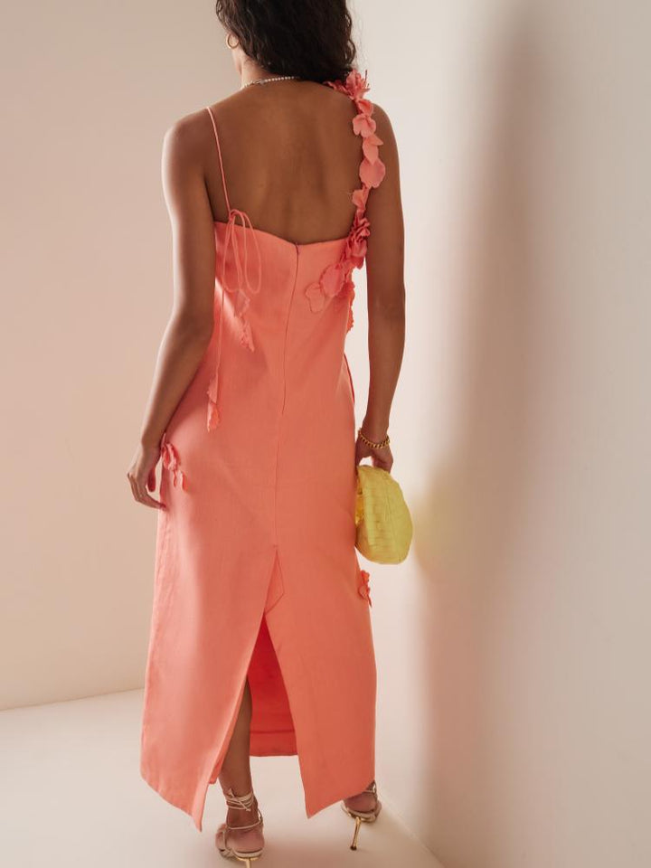 Evelyn Çiçek İşlemeli Keten Midi Sütun Elbise