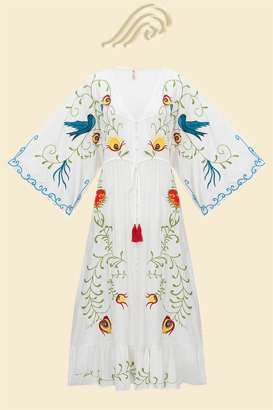 Lola İşlemeli V Yaka Bağcıklı Elbise