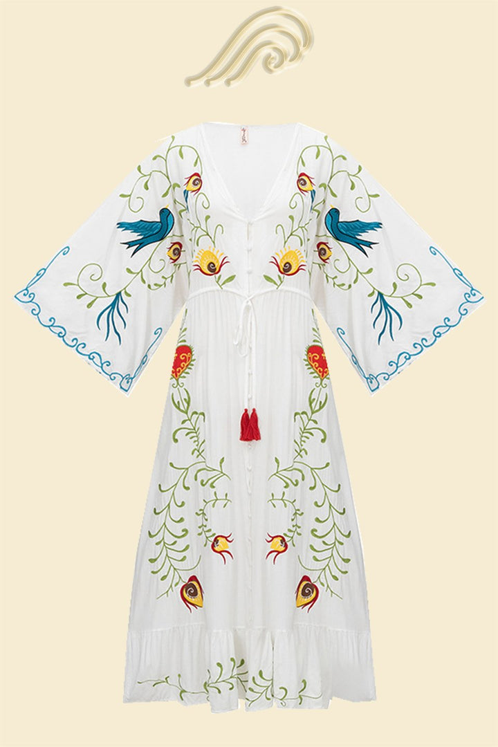 Lola İşlemeli V Yaka Bağcıklı Elbise