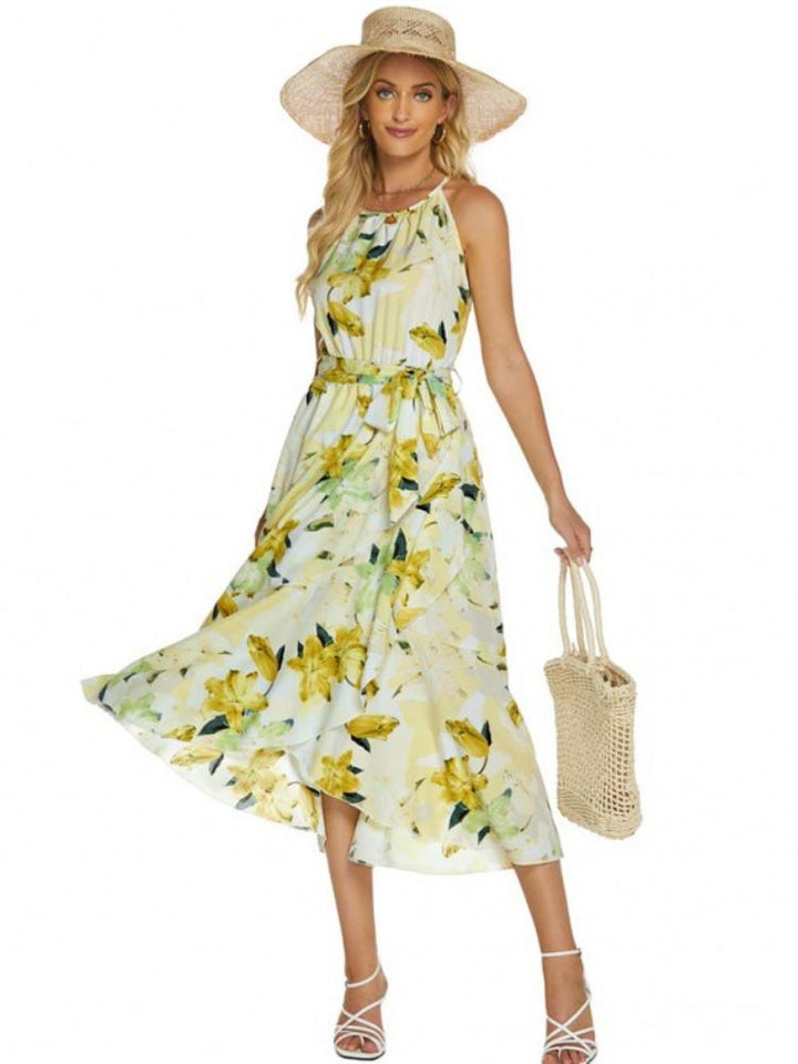 Pam Baskılı Boyundan Bağlamalı Midi Yırtmaçlı Kloş Elbise